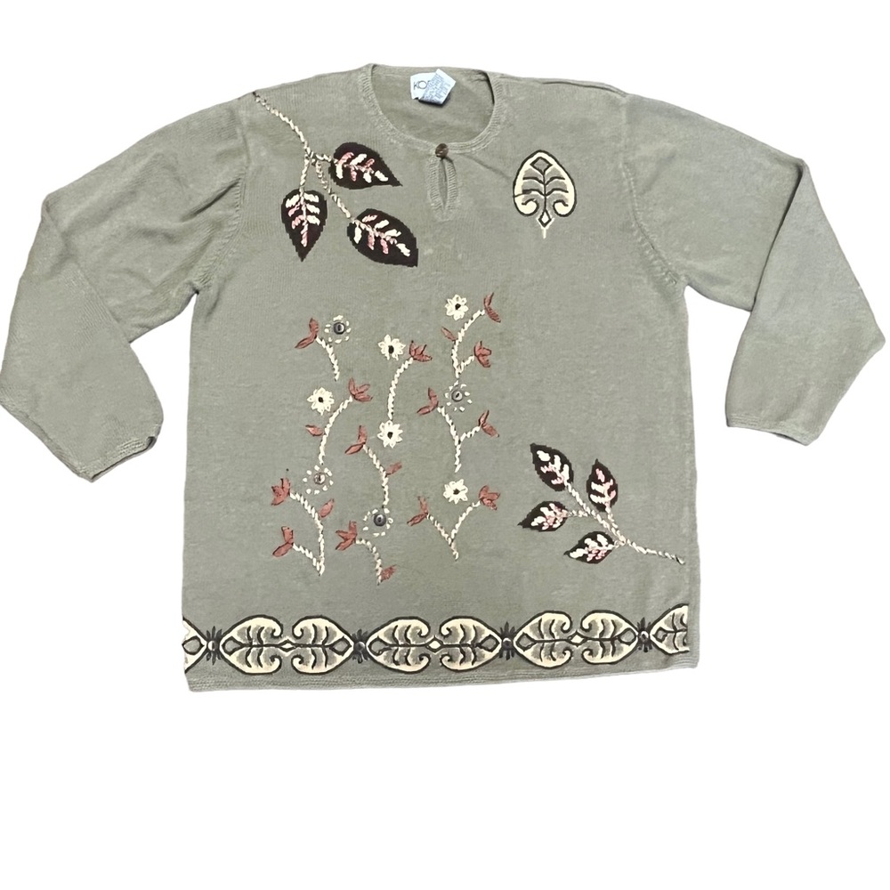 Vintage 90s embroidered floral & leaf oversized knit boho sweater button…